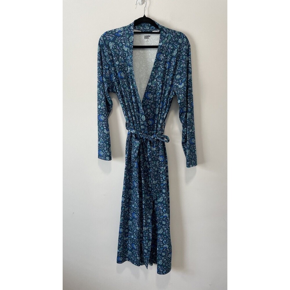 Lands End Robe Womens XL 18 Blue Floral Blossoms Cotton Loungewear Long Casual